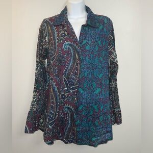 Ladies Green, Purple & Red Multicolor Paisley Button Down Cotton Shirt Sz M
